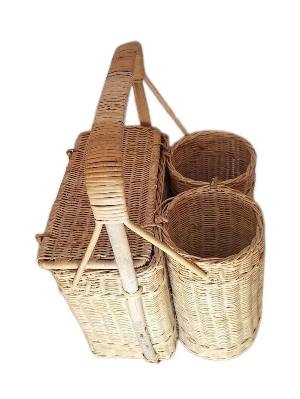 1960’s VTG Camping Wicker Picnic Basket with Double Wine Bottle Holder MCM